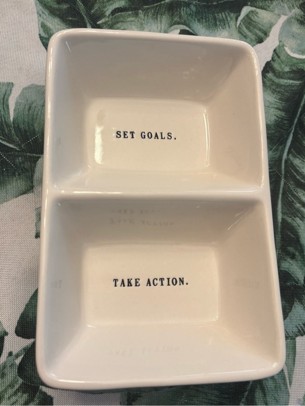 RAE DUNN White Dish, “Set Goals / Take Action”